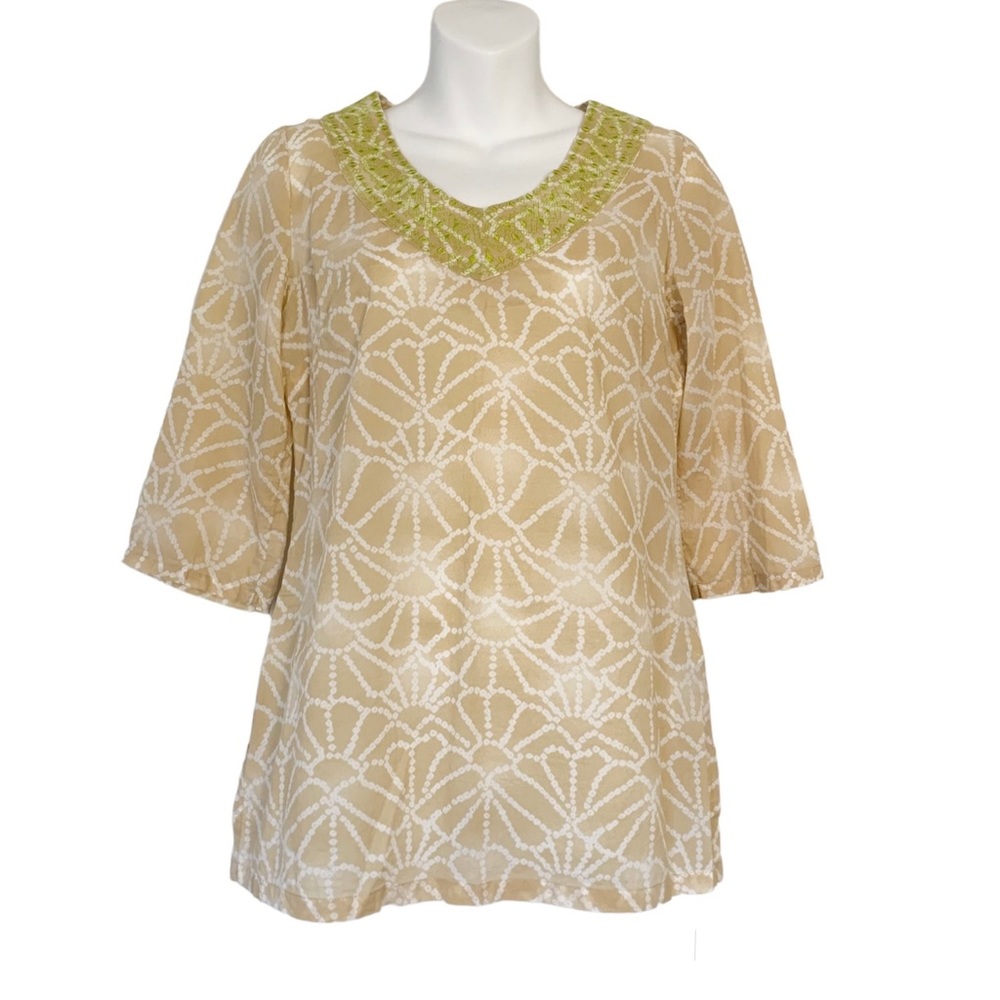 Calypso St. Barth for Target Tunic Top Tan Green Embroidery V-Neck Women’s Sz XS